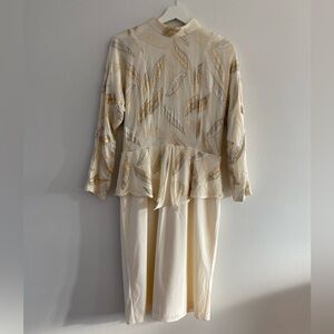 70s/80s handmade cream with gold leaf peplum style dress - M-L